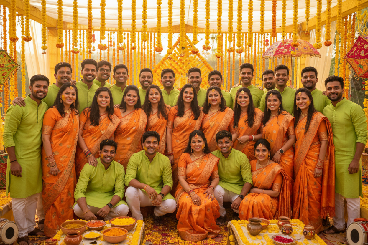 a large group of men and women are taking a photo men are wearing green color panjabi and women are wearing orange color printed saree on a haldi event