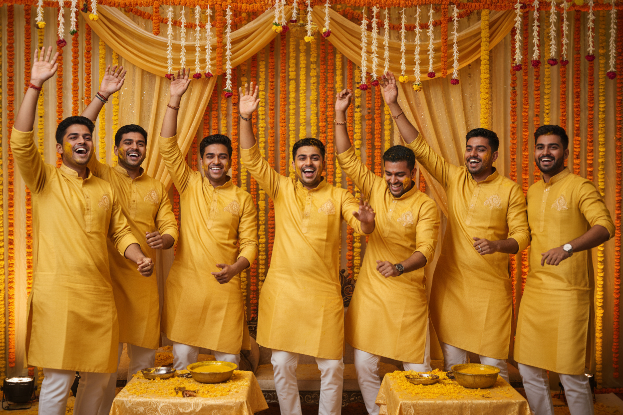 mens are dancing at a haldi event wearing same color panjabi 