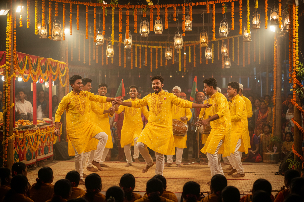 men's group is dancing wearing yellow color panjabi at a event in bangladesh